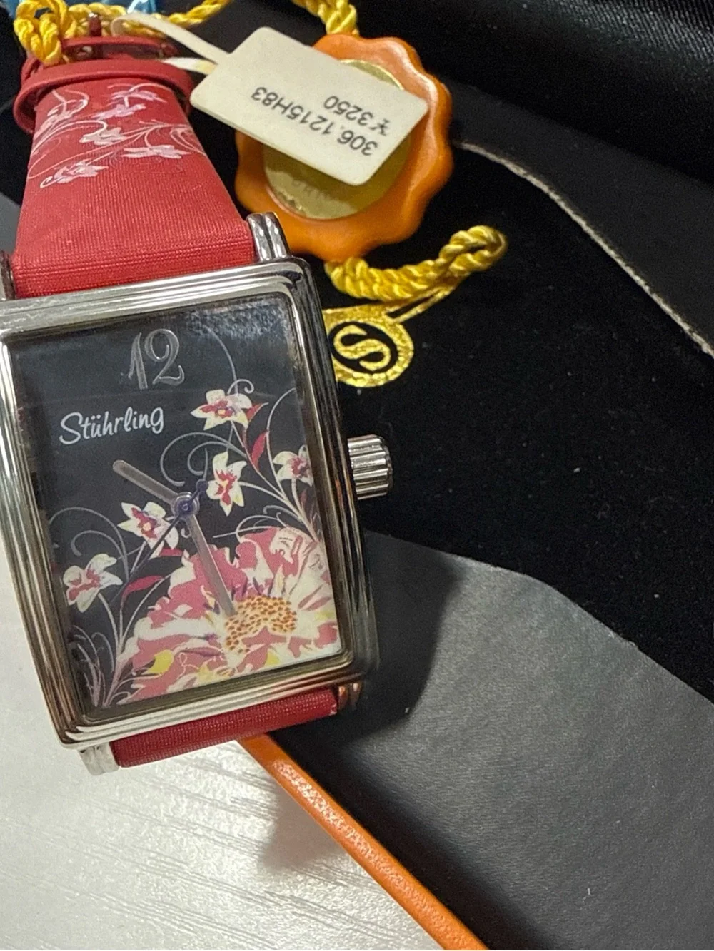 Stuhrling Original Red Floral Leather Strap Rectangular Dial Watch
